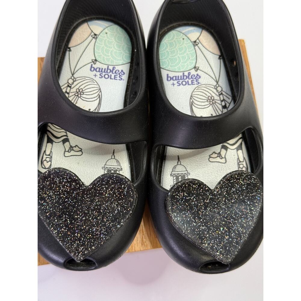 Baubles + Soles Black Heart Jelly Shoes Glitter Slip On Mary Jane Kids Size 8